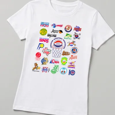 Vintage T-shirt featuring the American Basketball Association ABA teams in bright colors — printed on a women's shirt