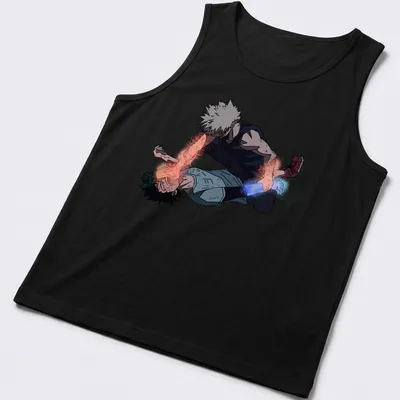 Illustration of Deku and Bakugo engaging in an epic battle scene from My Hero Academia — printed on a tank top