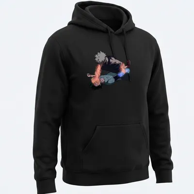 Illustration of Deku and Bakugo engaging in an epic battle scene from My Hero Academia — printed on a unisex hoodie