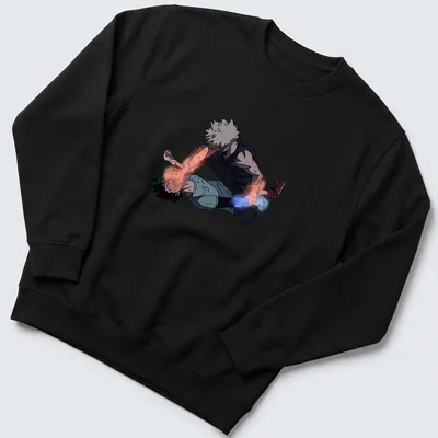 Illustration of Deku and Bakugo engaging in an epic battle scene from My Hero Academia — printed on a unisex sweatshirt