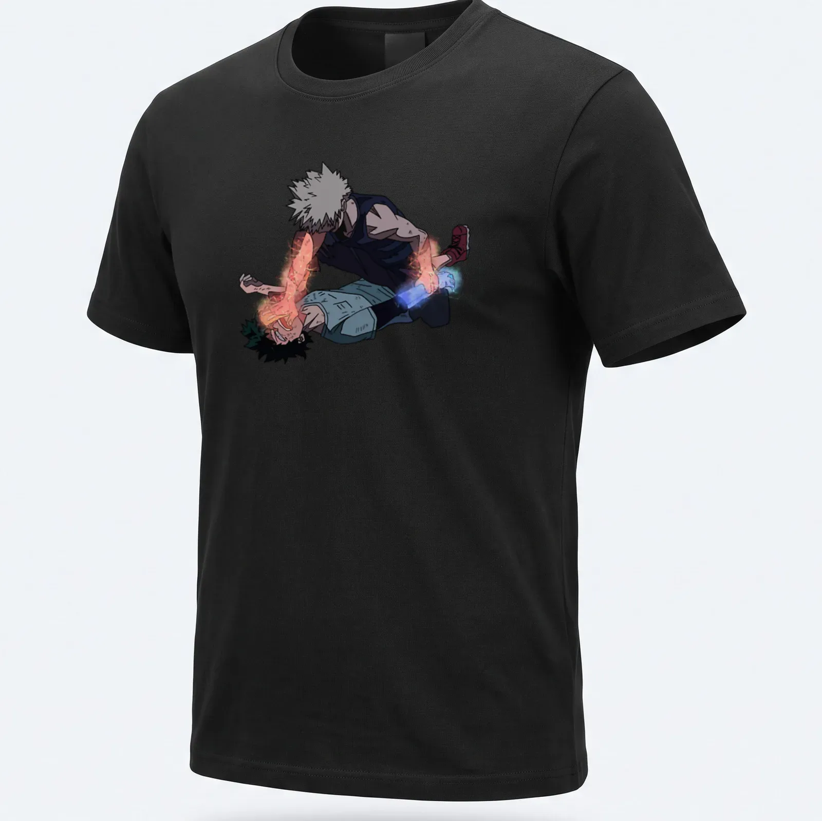 Illustration of Deku and Bakugo engaging in an epic battle scene from My Hero Academia — printed on a unisex t-shirt