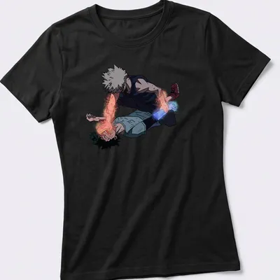 Illustration of Deku and Bakugo engaging in an epic battle scene from My Hero Academia — printed on a women's shirt