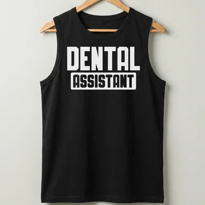 Bold typography tee with the words Dental Assistant in white lettering — printed on a tank top
