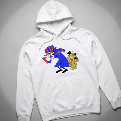 Vintage cartoon print featuring laughing Dick Dastardly and Muttley in playful colors — printed on a unisex hoodie