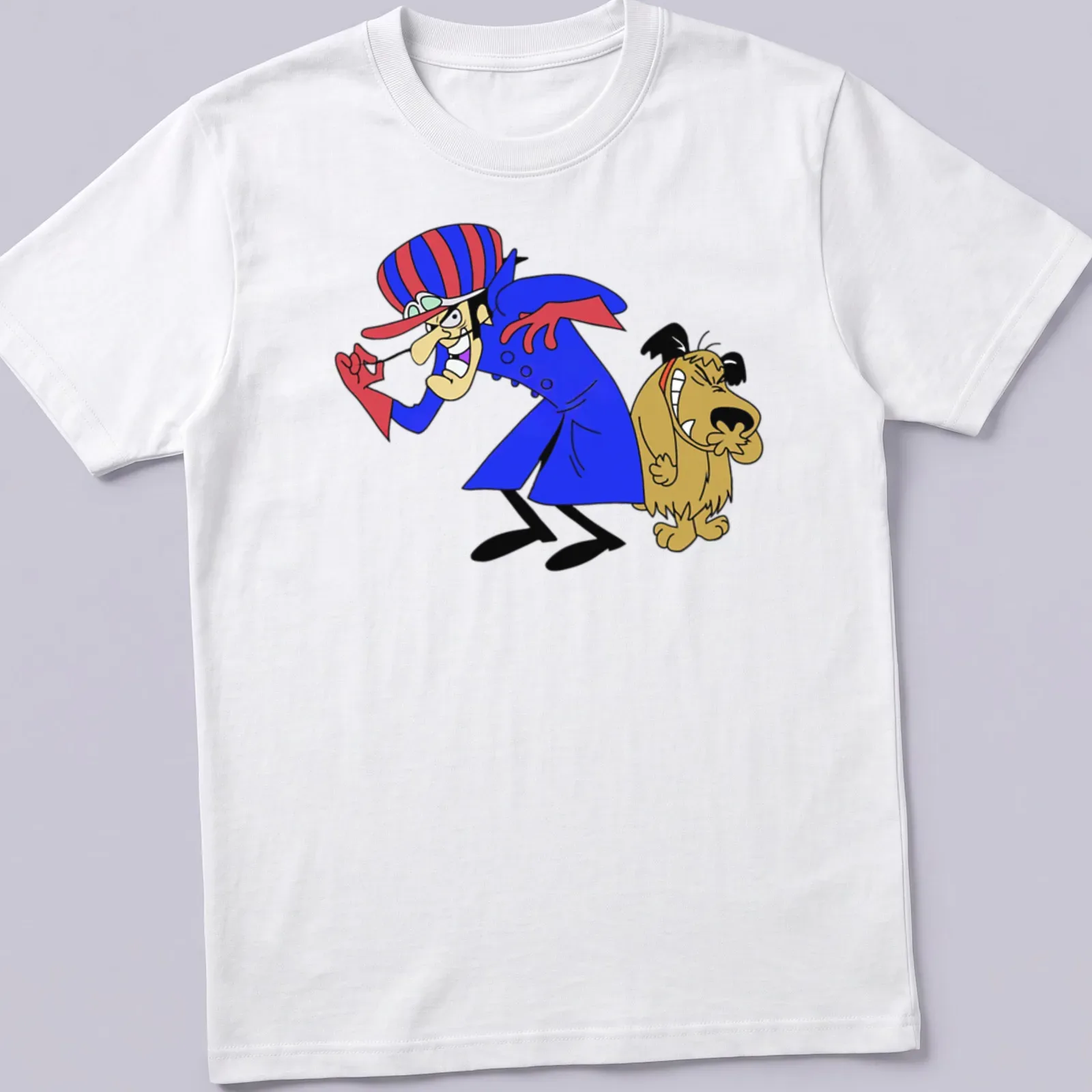 Vintage cartoon print featuring laughing Dick Dastardly and Muttley in playful colors — printed on a unisex t-shirt