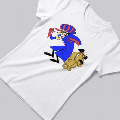 Vintage cartoon print featuring laughing Dick Dastardly and Muttley in playful colors — printed on a women's shirt