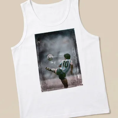Vintage-style Diego Maradona soccer player illustration in blue, white, black, and gray — printed on a tank top