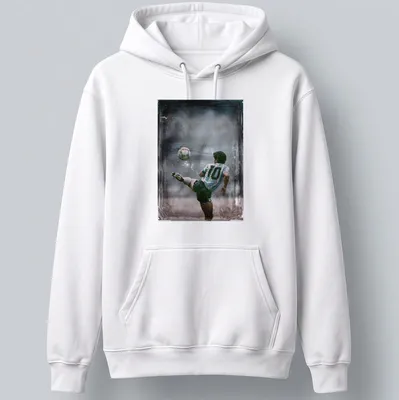 Vintage-style Diego Maradona soccer player illustration in blue, white, black, and gray — printed on a unisex hoodie
