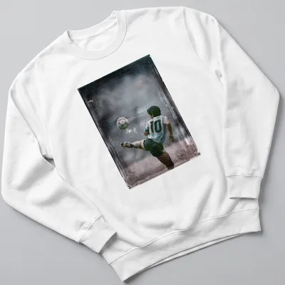 Vintage-style Diego Maradona soccer player illustration in blue, white, black, and gray — printed on a unisex sweatshirt