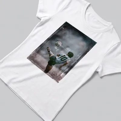 Vintage-style Diego Maradona soccer player illustration in blue, white, black, and gray — printed on a women's shirt