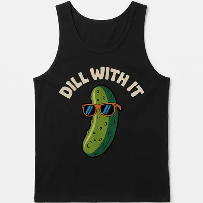 Cartoon pickle wearing sunglasses with the text Dill With It in colorful print — printed on a tank top