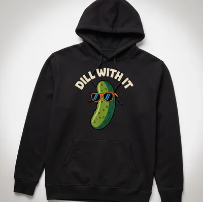 Cartoon pickle wearing sunglasses with the text Dill With It in colorful print — printed on a unisex hoodie