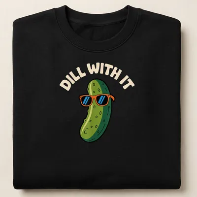 Cartoon pickle wearing sunglasses with the text Dill With It in colorful print — printed on a unisex sweatshirt