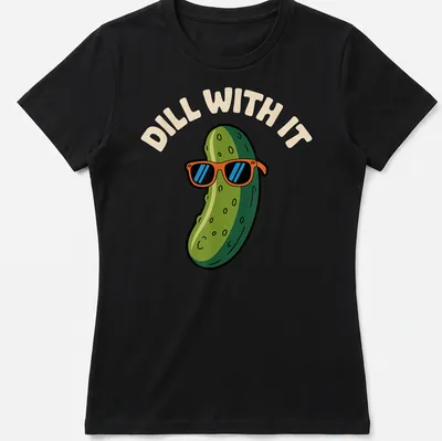 Cartoon pickle wearing sunglasses with the text Dill With It in colorful print — printed on a women's shirt