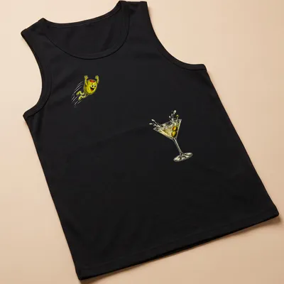 Vintage cartoon olive diving into a cocktail glass in yellow, green, and brown — printed on a tank top