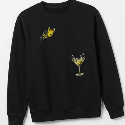 Vintage cartoon olive diving into a cocktail glass in yellow, green, and brown — printed on a unisex sweatshirt