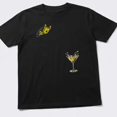 Vintage cartoon olive diving into a cocktail glass in yellow, green, and brown — printed on a unisex t-shirt