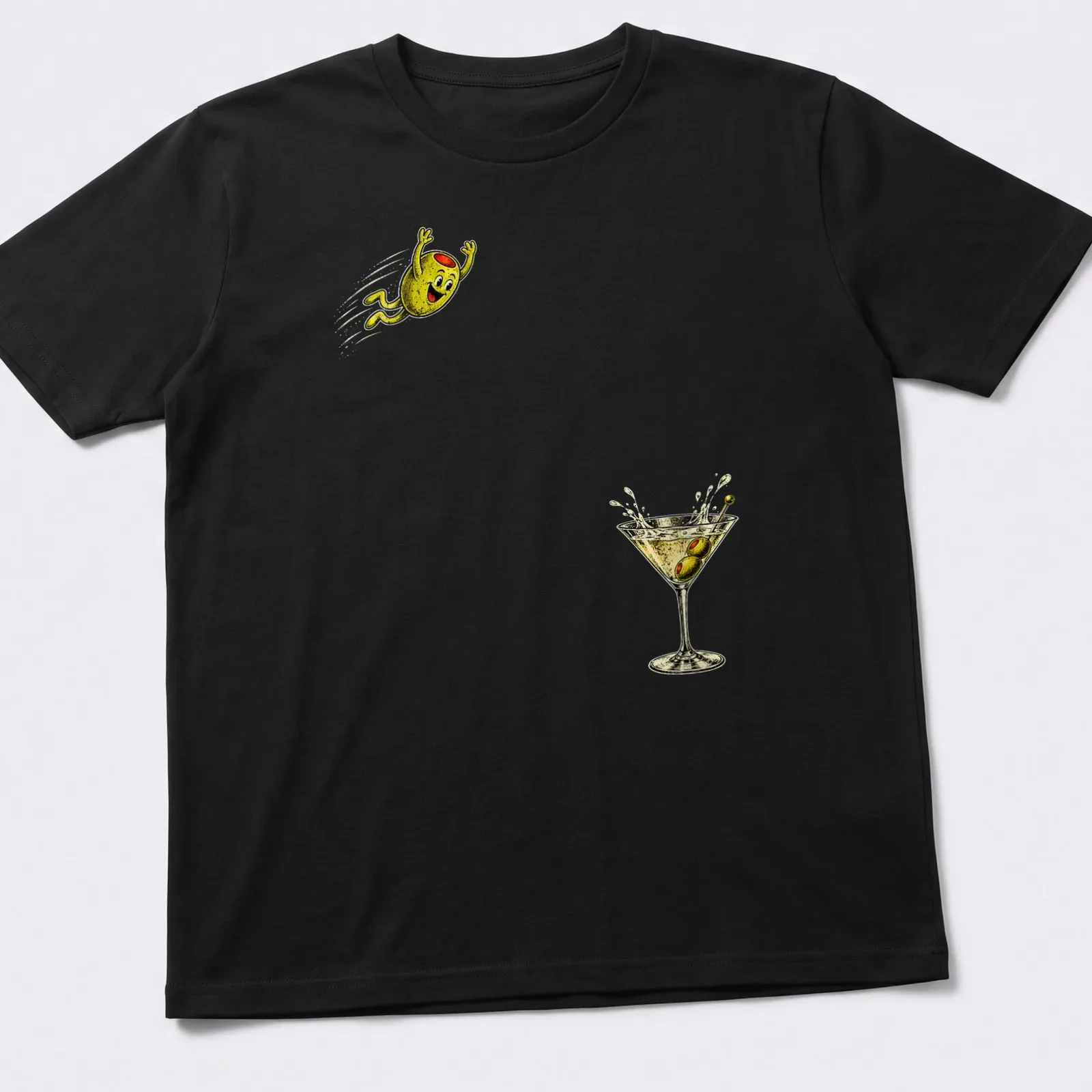 Vintage cartoon olive diving into a cocktail glass in yellow, green, and brown — printed on a unisex t-shirt