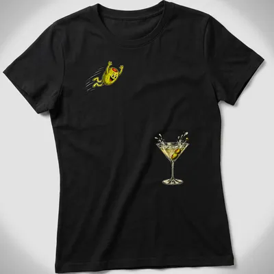 Vintage cartoon olive diving into a cocktail glass in yellow, green, and brown — printed on a women's shirt