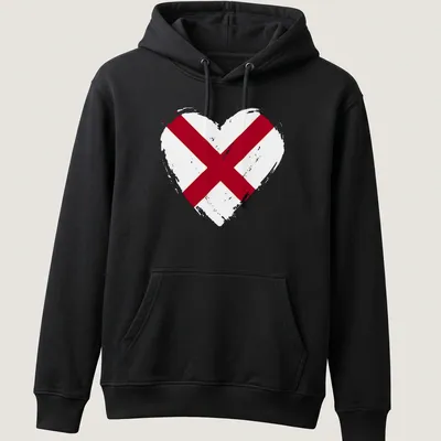 Distressed Alabama flag heart design in red and white — printed on a unisex hoodie