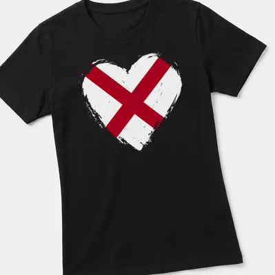 Distressed Alabama flag heart design in red and white — printed on a women's shirt