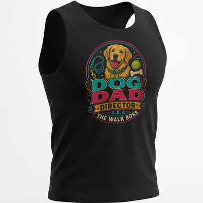 Vintage colorful Dog Dad t-shirt with a golden retriever illustration and bold lettering — printed on a tank top