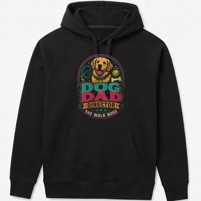 Vintage colorful Dog Dad t-shirt with a golden retriever illustration and bold lettering — printed on a unisex hoodie