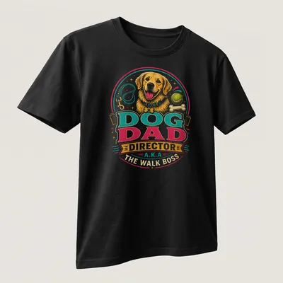 Vintage colorful Dog Dad t-shirt with a golden retriever illustration and bold lettering — printed on a unisex t-shirt (angled view)