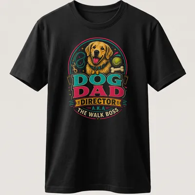 Vintage colorful Dog Dad t-shirt with a golden retriever illustration and bold lettering