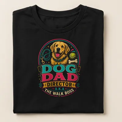 Vintage colorful Dog Dad t-shirt with a golden retriever illustration and bold lettering — printed on a women's shirt