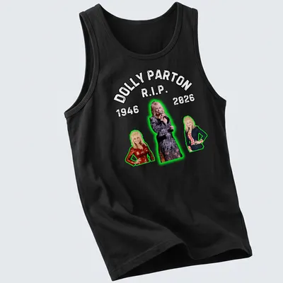 Bold vintage tribute t-shirt for Dolly Parton, R.I.P. 1946-2026 in black, white, and green — printed on a tank top