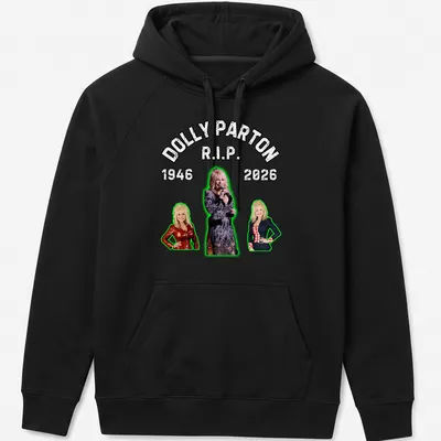 Bold vintage tribute t-shirt for Dolly Parton, R.I.P. 1946-2026 in black, white, and green — printed on a unisex hoodie