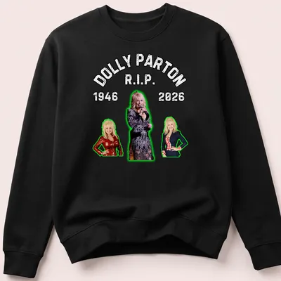 Bold vintage tribute t-shirt for Dolly Parton, R.I.P. 1946-2026 in black, white, and green — printed on a unisex sweatshirt