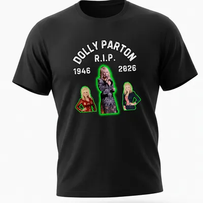 Bold vintage tribute t-shirt for Dolly Parton, R.I.P. 1946-2026 in black, white, and green