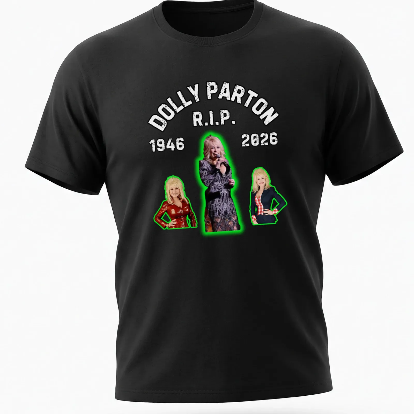 Bold vintage tribute t-shirt for Dolly Parton, R.I.P. 1946-2026 in black, white, and green — printed on a unisex t-shirt