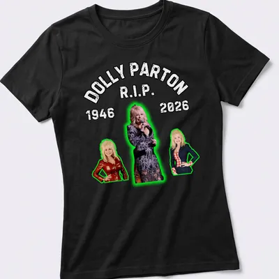 Bold vintage tribute t-shirt for Dolly Parton, R.I.P. 1946-2026 in black, white, and green — printed on a women's shirt