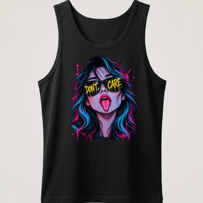 A pop art design with the text 'DON'T CARE' above a neon rebel girl in vibrant colors. — printed on a tank top
