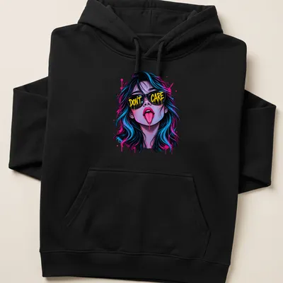 A pop art design with the text 'DON'T CARE' above a neon rebel girl in vibrant colors. — printed on a unisex hoodie