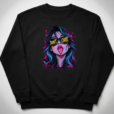A pop art design with the text 'DON'T CARE' above a neon rebel girl in vibrant colors. — printed on a unisex sweatshirt