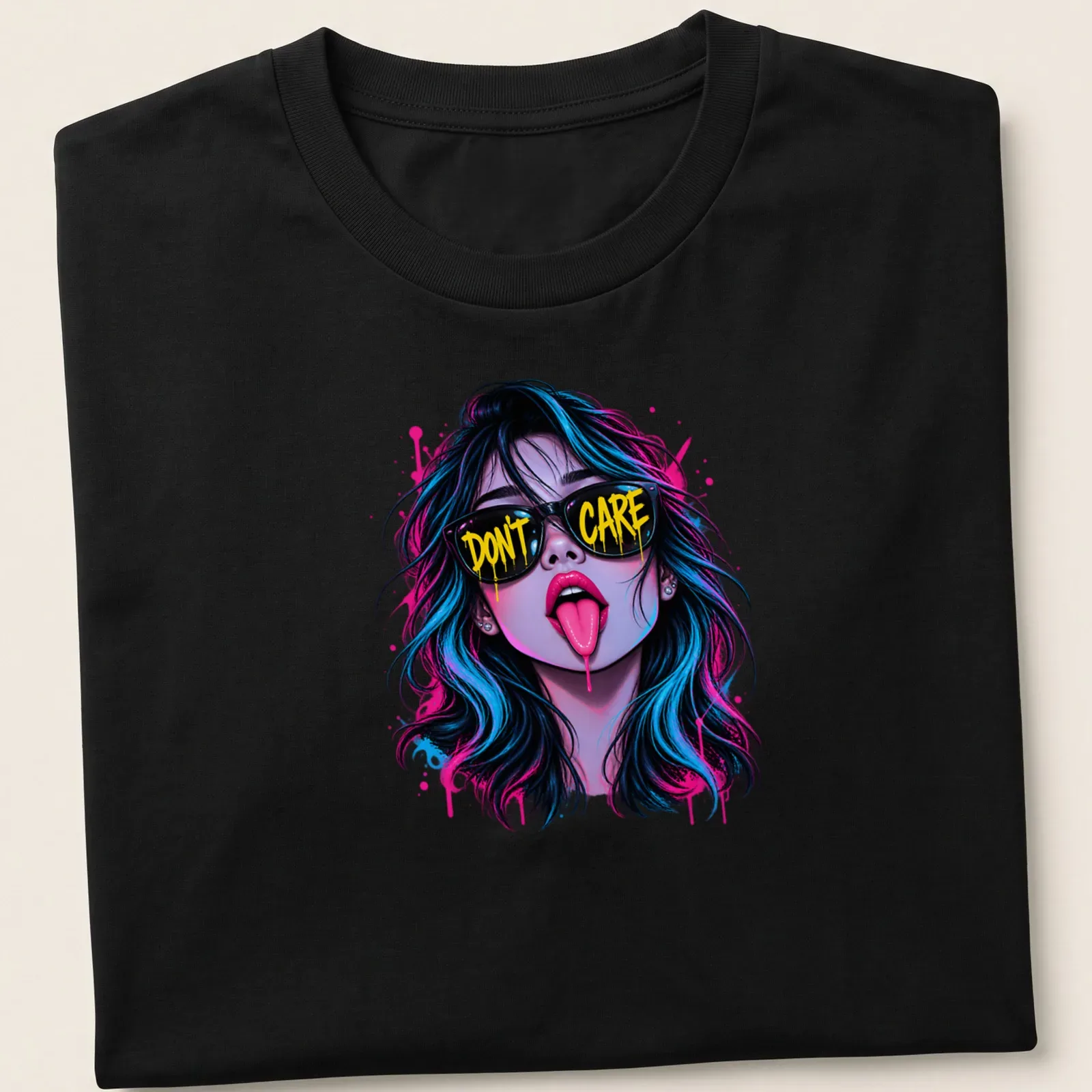 A pop art design with the text 'DON'T CARE' above a neon rebel girl in vibrant colors. — printed on a unisex t-shirt