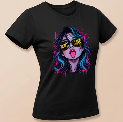 A pop art design with the text 'DON'T CARE' above a neon rebel girl in vibrant colors. — printed on a women's shirt