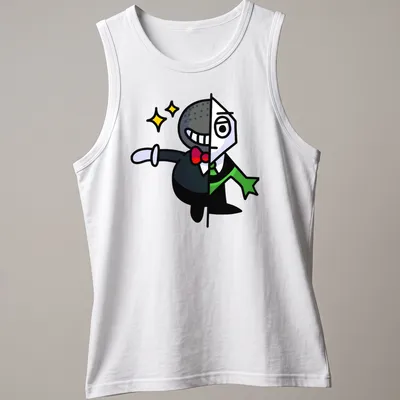 Cartoonish design of a character split in half with text 'Double Life' — printed on a tank top