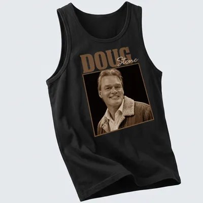 Vintage sepia portrait of Doug Stone with signature text — printed on a tank top