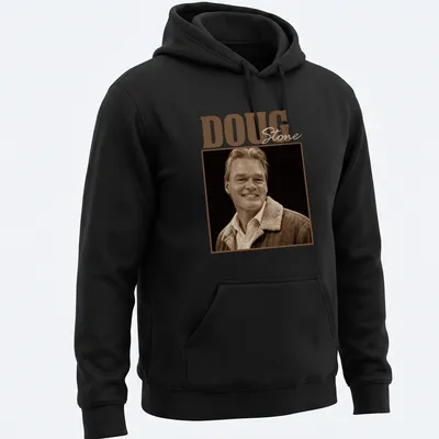 Vintage sepia portrait of Doug Stone with signature text — printed on a unisex hoodie