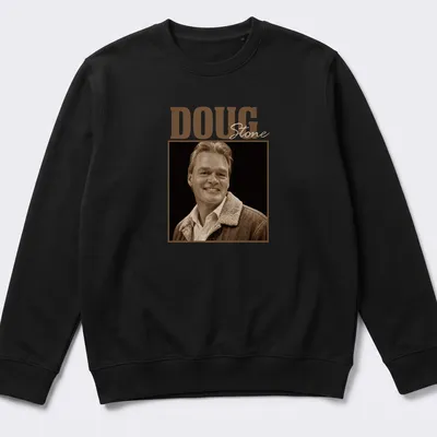 Vintage sepia portrait of Doug Stone with signature text — printed on a unisex sweatshirt