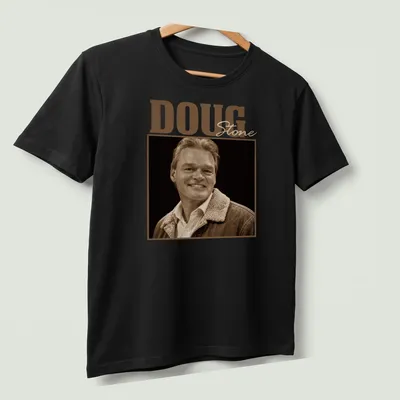 Vintage sepia portrait of Doug Stone with signature text — printed on a unisex t-shirt (angled view)