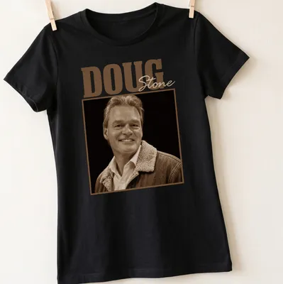 Vintage sepia portrait of Doug Stone with signature text — printed on a women's shirt