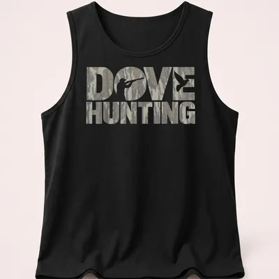 Camouflage Dove Hunting t-shirt with a hunter and dove illustration — printed on a tank top