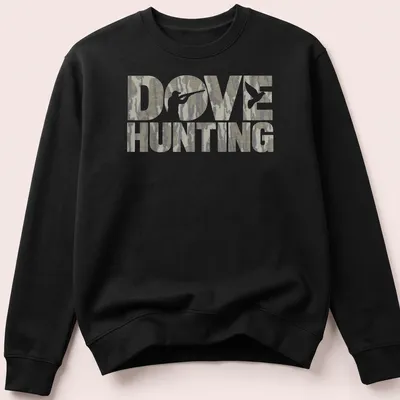Camouflage Dove Hunting t-shirt with a hunter and dove illustration — printed on a unisex sweatshirt
