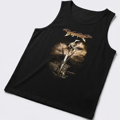 Vintage t-shirt featuring Dragonforce with a sword and shield illustration in gold and silver — printed on a tank top